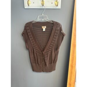 Vintage Y2K Mudd Knit Cardigan Sweater Brown Size Large Short Sleeve Crochet Top